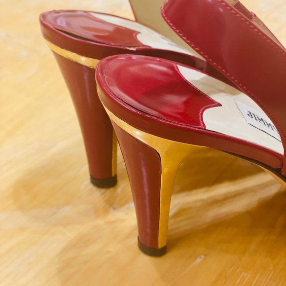 JIMMY CHOO Red Patent Leather Peep Toe Sling Back Pumps Gold Heel Sz 39 US 9 - Picture 9 of 13